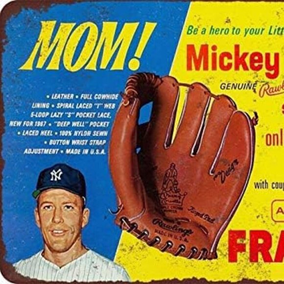 Man Cave Wall Tin Sign Mickey Mantle Baseball Glove Vintage / BRAND NEW - Picture 2 of 7